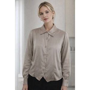 Y2K Silk Button Up Blouse Medium Beige Office Siren Old Money Minimalist Satin